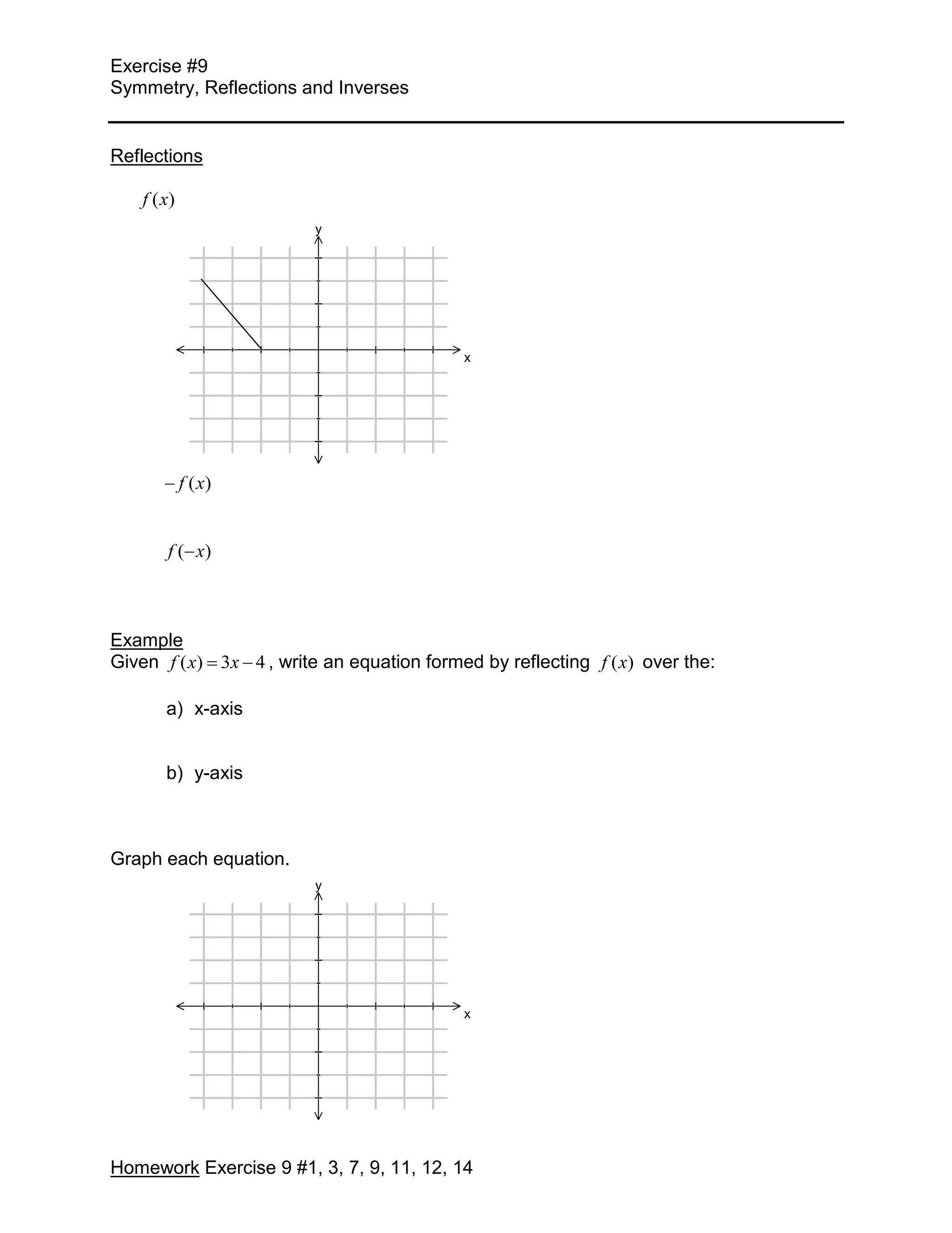 Exercise #9
Symmetry, Reflections and Inverses
Reflections
f ( x)
y
x
f ( x)
f ( x)
Example
Given f ( x) 3x 4 , write an equation formed by reflecting f ( x) over the:
a) x-axis
b) y-axis
Graph each equation.
y
x
Homework Exercise 9 #1, 3, 7, 9, 11, 12, 14
