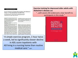 “A simple exercise program, 1 hour twice
a week, led to significantly slower decline
in ADL score inpatients with
AD living in a nursing home than routine
medical care.” 2007
“A simple exercise program, 1 hour twice
a week, led to significantly slower decline
in ADL score inpatients with
AD living in a nursing home than routine
medical care.” 2007
Exercise training for depressed older adults with
Alzheimer's disease 2008
“…with severe AD evidenced a clear benefit to
participants in this study “
Exercise training for depressed older adults with
Alzheimer's disease 2008
“…with severe AD evidenced a clear benefit to
participants in this study “
 