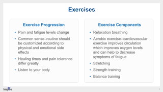 7
Exercises
•  Pain and fatigue levels change
•  Common sense–routine should
be customized according to
physical and emoti...