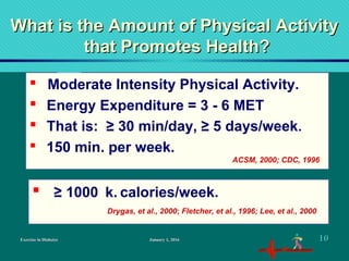 Exercise in DiabetesExercise in Diabetes
What is the Amount of Physical ActivityWhat is the Amount of Physical Activity
that Promotes Health?that Promotes Health?
 Moderate Intensity Physical Activity.
 Energy Expenditure = 3 - 6 MET
 That is: ≥ 30 min/day, ≥ 5 days/week.
 150 min. per week.
ACSM, 2000; CDC, 1996
 ≥ 1000 k. calories/week.
Drygas, et al., 2000; Fletcher, et al., 1996; Lee, et al., 2000
January 1, 2016January 1, 2016 1010
 