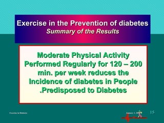 Exercise in DiabetesExercise in Diabetes
Moderate Physical ActivityModerate Physical Activity
Performed Regularly for 120 – 200Performed Regularly for 120 – 200
min. per week reduces themin. per week reduces the
Incidence of diabetes in PeopleIncidence of diabetes in People
Predisposed to DiabetesPredisposed to Diabetes..
Exercise in the Prevention of diabetesExercise in the Prevention of diabetes
Summary of the ResultsSummary of the Results
January 1, 2016January 1, 2016 1515
 