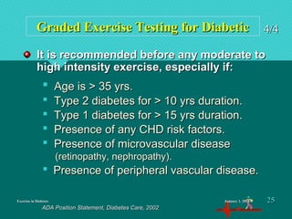 Exercise in DiabetesExercise in Diabetes
Graded Exercise Testing for DiabeticGraded Exercise Testing for Diabetic 4/44/4
It is recommended before any moderate toIt is recommended before any moderate to
high intensity exercise, especially if:high intensity exercise, especially if:
 Age is > 35 yrs.Age is > 35 yrs.
 Type 2 diabetes for > 10 yrs duration.Type 2 diabetes for > 10 yrs duration.
 Type 1 diabetes for > 15 yrs duration.Type 1 diabetes for > 15 yrs duration.
 Presence of any CHD risk factors.Presence of any CHD risk factors.
 Presence of microvascular diseasePresence of microvascular disease
(retinopathy, nephropathy).(retinopathy, nephropathy).
 Presence of peripheral vascular disease.Presence of peripheral vascular disease.
ADA Position Statement, Diabetes Care, 2002ADA Position Statement, Diabetes Care, 2002
January 1, 2016January 1, 2016 2525
 