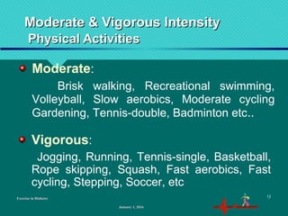 Moderate & Vigorous IntensityModerate & Vigorous Intensity
Physical ActivitiesPhysical Activities
Exercise in DiabetesExercise in Diabetes
Moderate:
Brisk walking, Recreational swimming,
Volleyball, Slow aerobics, Moderate cycling
Gardening, Tennis-double, Badminton etc..
Vigorous:
Jogging, Running, Tennis-single, Basketball,
Rope skipping, Squash, Fast aerobics, Fast
cycling, Stepping, Soccer, etc
January 1, 2016January 1, 2016
99
 