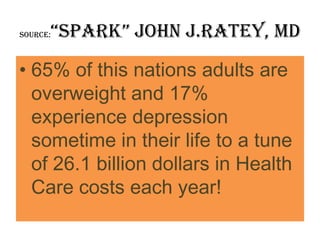 “Spark” john J.Ratey, MD
Source:



• 65% of this nations adults are
  overweight and 17%
  experience depression
  sometime in their life to a tune
  of 26.1 billion dollars in Health
  Care costs each year!
 