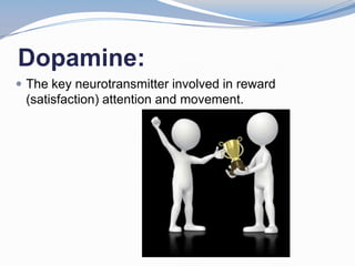 Dopamine:
 The key neurotransmitter involved in reward
 (satisfaction) attention and movement.
 