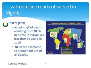 …with similar trends observed in
Nigeria
8
In Nigeria:
 about 41.5% of death
resulting from NCDs
occurred in individuals
less than 60 years in
2008.
 NCDs are estimated
to account for 27% of
all deaths.
SOURCE: WHO 2012
 
