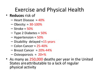 Exercise and Physical Health
• Reduces risk of
– Heart Disease ≈ 40%
– Obesity: ≈ 30-100%
– Stroke ≈ 50%
– Type 2 Diabetes ≈ 50%
– Hypertension ≈ 50%
– Disability delayed ≈15 years
– Colon Cancer ≈ 25-40%
– Breast Cancer ≈ 20%-44%
– Osteoporosis ≈ 20+%
• As many as 250,000 deaths per year in the United
States areattributable to a lack of regular
physical activity
 