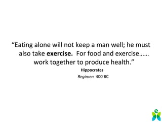 “Eating alone will not keep a man well; he must
also take exercise. For food and exercise……
work together to produce health.”
Hippocrates
Regimen 400 BC
 