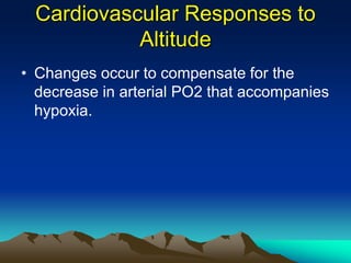 Cardiovascular Responses to
Altitude
• Changes occur to compensate for the
decrease in arterial PO2 that accompanies
hypoxia.
 