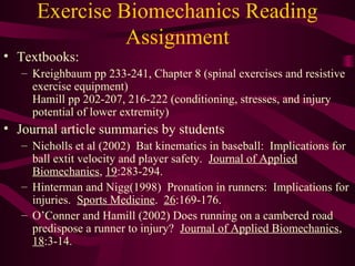 Exercise Biomechanics Reading
Assignment
• Textbooks:
– Kreighbaum pp 233-241, Chapter 8 (spinal exercises and resistive
exercise equipment)
Hamill pp 202-207, 216-222 (conditioning, stresses, and injury
potential of lower extremity)
• Journal article summaries by students
– Nicholls et al (2002) Bat kinematics in baseball: Implications for
ball extit velocity and player safety. Journal of Applied
Biomechanics, 19:283-294.
– Hinterman and Nigg(1998) Pronation in runners: Implications for
injuries. Sports Medicine. 26:169-176.
– O’Conner and Hamill (2002) Does running on a cambered road
predispose a runner to injury? Journal of Applied Biomechanics,
18:3-14.
 