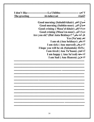 54
‫أحب‬ ‫ال‬--------------------I don’t like----------------------La Uhibbo
‫التحيات‬taheyyat-The greeting At
‫الخير‬ ‫صباح‬Good morning (Sabahil-khair)
‫النور‬ ‫صباح‬Good morning (Sabhin-noor)
‫الخير‬ ‫مساء‬Good evining ( Masa’el-khair)
‫النور‬ ‫مساء‬Good evining (Masa’en-noor)
‫بخير؟‬ ‫أنت‬ ‫هل‬Are you ok? (Hal Anta Bekhayr?
‫نعم‬Yes (Na’am)
‫بخير‬ ‫أنا‬I am ok (Ana bekhayr)
‫مريض‬ ‫أنا‬I am sick ( Ana mareed)
‫سالمتك‬I hope you will be ok (Salamtak)
‫تعبان‬ ‫أنا‬I am tired ( Ana Ta’baan)
‫سعيد‬ ‫أنا‬I am happy ( Ana Sa’eed)
‫حزين‬ ‫أنا‬I am Sad ( Ana Hazeen)
-----------------------------------------------------------------------------
-----------------------------------------------------------------------------
-----------------------------------------------------------------------------
-----------------------------------------------------------------------------
-----------------------------------------------------------------------------
-----------------------------------------------------------------------------
-----------------------------------------------------------------------------
-----------------------------------------------------------------------------
-----------------------------------------------------------------------------
-----------------------------------------------------------------------------
-----------------------------------------------------------------------------
-----------------------------------------------------------------------------
-----------------------------------------------------------------------------
-----------------------------------------------------------------------------
-----------------------------------------------------------------------------
 