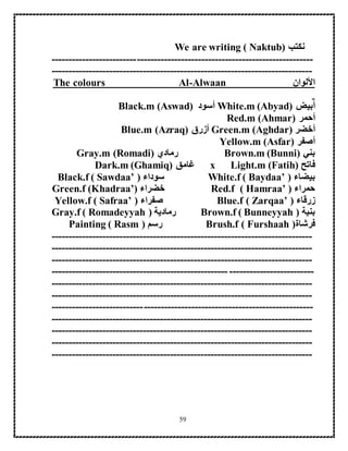 59
‫نكتب‬We are writing ( Naktub)
-----------------------------------------------------------------------------
-----------------------------------------------------------------------------
‫األلوان‬Alwaan-The colours Al
‫أبيض‬White.m (Abyad)‫أسود‬Black.m (Aswad)
‫أحمر‬Red.m (Ahmar)
‫أخضر‬Green.m (Aghdar)‫أزرق‬Blue.m (Azraq)
‫أصفر‬Yellow.m (Asfar)
‫بني‬Brown.m (Bunni)‫رمادي‬Gray.m (Romadi)
‫فاتح‬Light.m (Fatih)x‫غامق‬Dark.m (Ghamiq)
‫بيضاء‬White.f ( Baydaa’ )‫سوداء‬Black.f ( Sawdaa’ )
‫حمراء‬Red.f ( Hamraa’ )‫خضراء‬Green.f (Khadraa’)
‫زرقاء‬Blue.f ( Zarqaa’ )‫صفراء‬Yellow.f ( Safraa’ )
‫بنية‬Brown.f ( Bunneyyah )‫رمادية‬Gray.f ( Romadeyyah )
‫فرشاة‬Brush.f ( Furshaah )‫رسم‬Painting ( Rasm )
-----------------------------------------------------------------------------
-----------------------------------------------------------------------------
-----------------------------------------------------------------------------
-----------------------------------------------------------------------------
-----------------------------------------------------------------------------
-----------------------------------------------------------------------------
-----------------------------------------------------------------------------
-----------------------------------------------------------------------------
-----------------------------------------------------------------------------
-----------------------------------------------------------------------------
-----------------------------------------------------------------------------
 