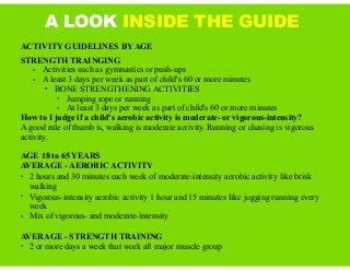 A LOOK INSIDE THE GUIDE
ACTIVITY GUIDELINES BY AGE
STRENGTH TRAINGING
• Activities such as gymnastics or push-ups
• A least 3 days per week as part of child's 60 or more minutes
• BONE STRENGTHENING ACTIVITIES
• Jumping rope or running
• At least 3 days per week as part of child's 60 or more minutes
How to I judge if a child's aerobic activity is moderate- or vigorous-intensity?
A good rule of thumb is, walking is moderate activity. Running or chasing is vigorous
activity.
AGE 18 to 65 YEARS
AVERAGE - AEROBIC ACTIVITY
• 2 hours and 30 minutes each week of moderate-intensity aerobic activity like brisk
walking
• Vigorous-intensity aerobic activity 1 hour and 15 minutes like jogging running every
week
• Mix of vigorous- and moderate-intensity
AVERAGE - STRENGTH TRAINING
• 2 or more days a week that work all major muscle group
 
