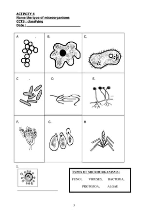 ACTIVITY 4
Name the type of microorganisms
CCTS : classfying
Date : ___________________________


A          .       B.                 C.




C      .                D.                   E.




F.                 G.                 H




I.
                             TYPES OF MICROORGANISMS :

                             FUNGI,        VIRUSES,   BACTERIA,

                                     PROTOZOA,        ALGAE
__________________________




                              3
 
