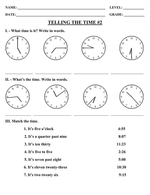 Telling time worksheet PDF