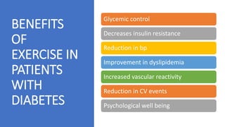 BENEFITS
OF
EXERCISE IN
PATIENTS
WITH
DIABETES
Glycemic control
Decreases insulin resistance
Reduction in bp
Improvement in dyslipidemia
Increased vascular reactivity
Reduction in CV events
Psychological well being
 
