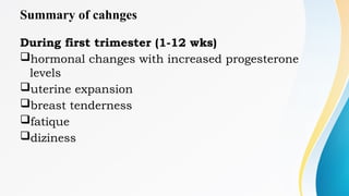 Summary of cahnges
During first trimester (1-12 wks)
hormonal changes with increased progesterone
levels
uterine expansion
breast tenderness
fatique
diziness
 