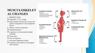 MUSCULOSKELET
AL CHANGES
1. WEIGHT GAIN
 typically 11.5 to 16kg
 may double the forces across the
joints compared to non-pregnant
forces
2. shift in center of gravity
 shifted forward
 a posture of increased lumbar
lordosis
 back pain
 loss of balance
3. increased ligament laxity
 related to the effects of estrogen
and relaxin.
 
