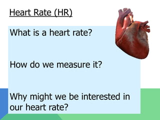 Heart Rate (HR)

What is a heart rate?


How do we measure it?


Why might we be interested in
our heart rate?
 