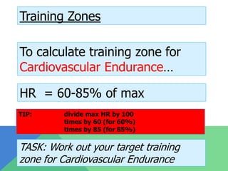 Training Zones

To calculate training zone for
Cardiovascular Endurance…

HR = 60-85% of max
TIP:     divide max HR by 100
         times by 60 (for 60%)
         times by 85 (for 85%)

TASK: Work out your target training
zone for Cardiovascular Endurance
 