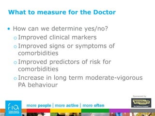 What to measure for the DoctorHas the patient’s chronic condition improved or shown slowed progress?Have signs/symptoms or risk factors of other conditions reduced?Are patients more active than baseline at 6, 12, 24+ months?Sponsored by: 