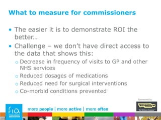 What to measure for the DoctorHow can we determine yes/no?Improved clinical markersImproved signs or symptoms of comorbiditiesImproved predictors of risk for comorbiditiesIncrease in long term moderate-vigorous PA behaviourSponsored by: 
