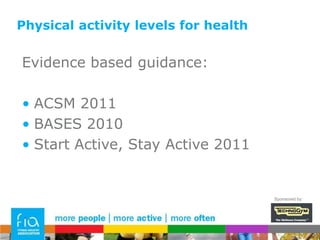 Physical activity and seniors’ health care needsCanadian study 2010:24,281 65+ over  1 yearMean number of health visits:	Active = 8 Inactive = 11Active have shorter hospital stays and faster illness recovery timesSponsored by: 