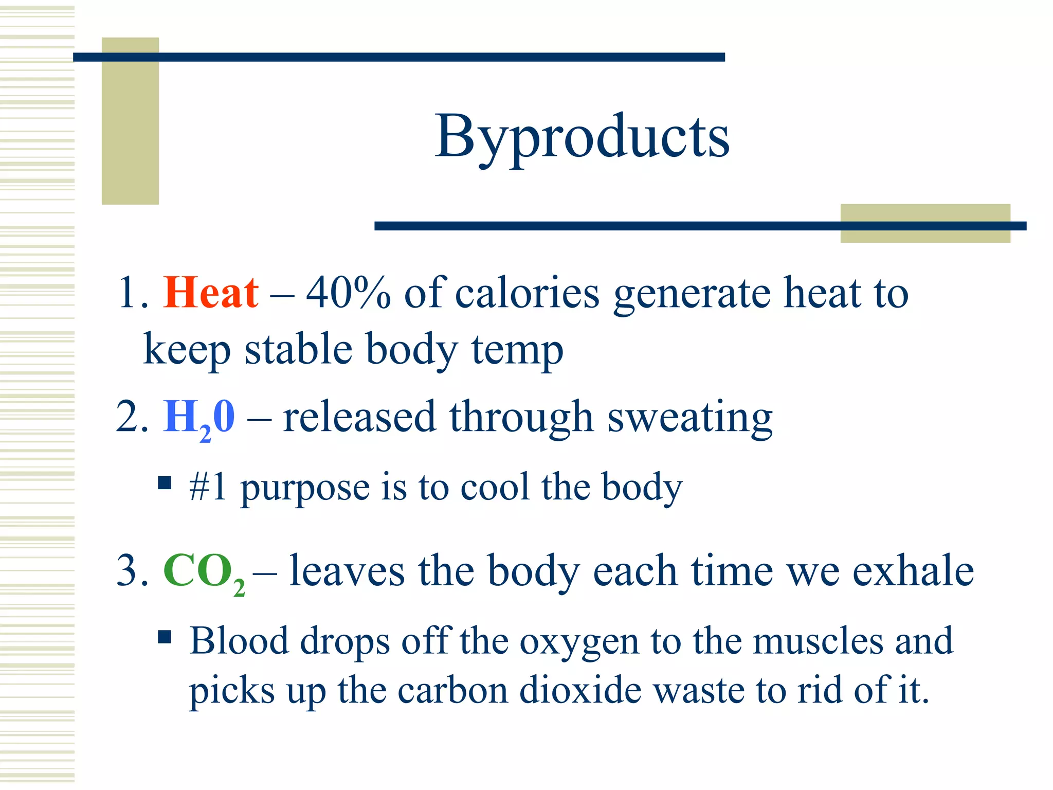 Byproducts 1.  Heat  – 40% of calories generate heat to keep stable body temp 2.  H 2 0   – released through sweating #1 purpose is to cool the body 3.  CO 2   – leaves the body each time we exhale Blood drops off the oxygen to the muscles and picks up the carbon dioxide waste to rid of it. 