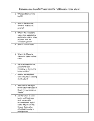 Exercise Linda Murray Voices of Public Health questions worksheet Used  September 12, 2019 at IPHA Presentaiton | PDF