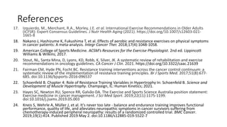 References
17. Izquierdo, M., Merchant, R.A., Morley, J.E. et al. International Exercise Recommendations in Older Adults
(ICFSR): Expert Consensus Guidelines. J Nutr Health Aging (2021). https://doi.org/10.1007/s12603-021-
1665-8
18. Nakano J, Hashizume K, Fukushima T, et al. Effects of aerobic and resistance exercises on physical symptoms
in cancer patients: A meta-analysis. Integr Cancer Ther. 2018;17(4):1048-1058.
19. American College of Sports Medicine. ACSM’s Resources for the Exercise Physiologist. 2nd ed. Lippincott
Williams & Wilkins; 2017.
20. Stout, NL, Santa Mina, D, Lyons, KD, Robb, K, Silver, JK. A systematic review of rehabilitation and exercise
recommendations in oncology guidelines. CA Cancer J Clin. 2021. https://doi.org/10.3322/caac.21639
21. Fairman CM, Hyde PN, Focht BC. Resistance training interventions across the cancer control continuum: a
systematic review of the implementation of resistance training principles. Br J Sports Med. 2017;51(8):677-
685. doi:10.1136/bjsports-2016-096537
22. Schoenfeld B. Chapter 4: Role of Resistance Training Variables in Hypertrophy In: Schoenfeld B. Science and
Development of Muscle Hypertrophy. Champaign, IL: Human Kinetics; 2021.
23. Hayes SC, Newton RU, Spence RR, Galvão DA. The Exercise and Sports Science Australia position statement:
Exercise medicine in cancer management. J Sci Med Sport. 2019;22(11):1175-1199.
doi:10.1016/j.jsams.2019.05.003
24. Kneis S, Wehrle A, Müller J, et al. It's never too late - balance and endurance training improves functional
performance, quality of life, and alleviates neuropathic symptoms in cancer survivors suffering from
chemotherapy-induced peripheral neuropathy: results of a randomized controlled trial. BMC Cancer.
2019;19(1):414. Published 2019 May 2. doi:10.1186/s12885-019-5522-7
 