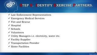  Law Enforcement Representatives
 Emergency Medical Services
 Fire and Rescue
 Hospital
 Schools
 Volunteers
 Utility Managers i.e. electricity, water etc.
 Facility Supplier
 Transportation Provider
 Sister Facilities
18
 