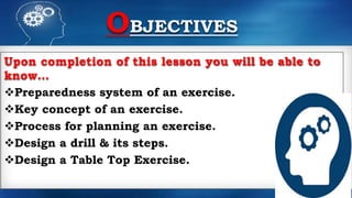 Upon completion of this lesson you will be able to
know…
Preparedness system of an exercise.
Key concept of an exercise.
Process for planning an exercise.
Design a drill & its steps.
Design a Table Top Exercise.
2
OBJECTIVES
 