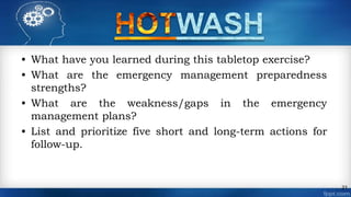 • What have you learned during this tabletop exercise?
• What are the emergency management preparedness
strengths?
• What are the weakness/gaps in the emergency
management plans?
• List and prioritize five short and long-term actions for
follow-up.
21
 