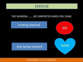 THE WINDOW……….BY CARPENTER WHEN YOU CAME
EXERCISE
Is being repaired
NO
Was being repaired GOOD
NIA KURNIATI/ 201312570061/YQ
 