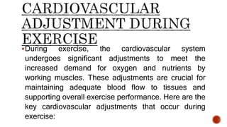 During exercise, the cardiovascular system
undergoes significant adjustments to meet the
increased demand for oxygen and nutrients by
working muscles. These adjustments are crucial for
maintaining adequate blood flow to tissues and
supporting overall exercise performance. Here are the
key cardiovascular adjustments that occur during
exercise:
 