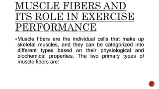 Muscle fibers are the individual cells that make up
skeletal muscles, and they can be categorized into
different types based on their physiological and
biochemical properties. The two primary types of
muscle fibers are:
 