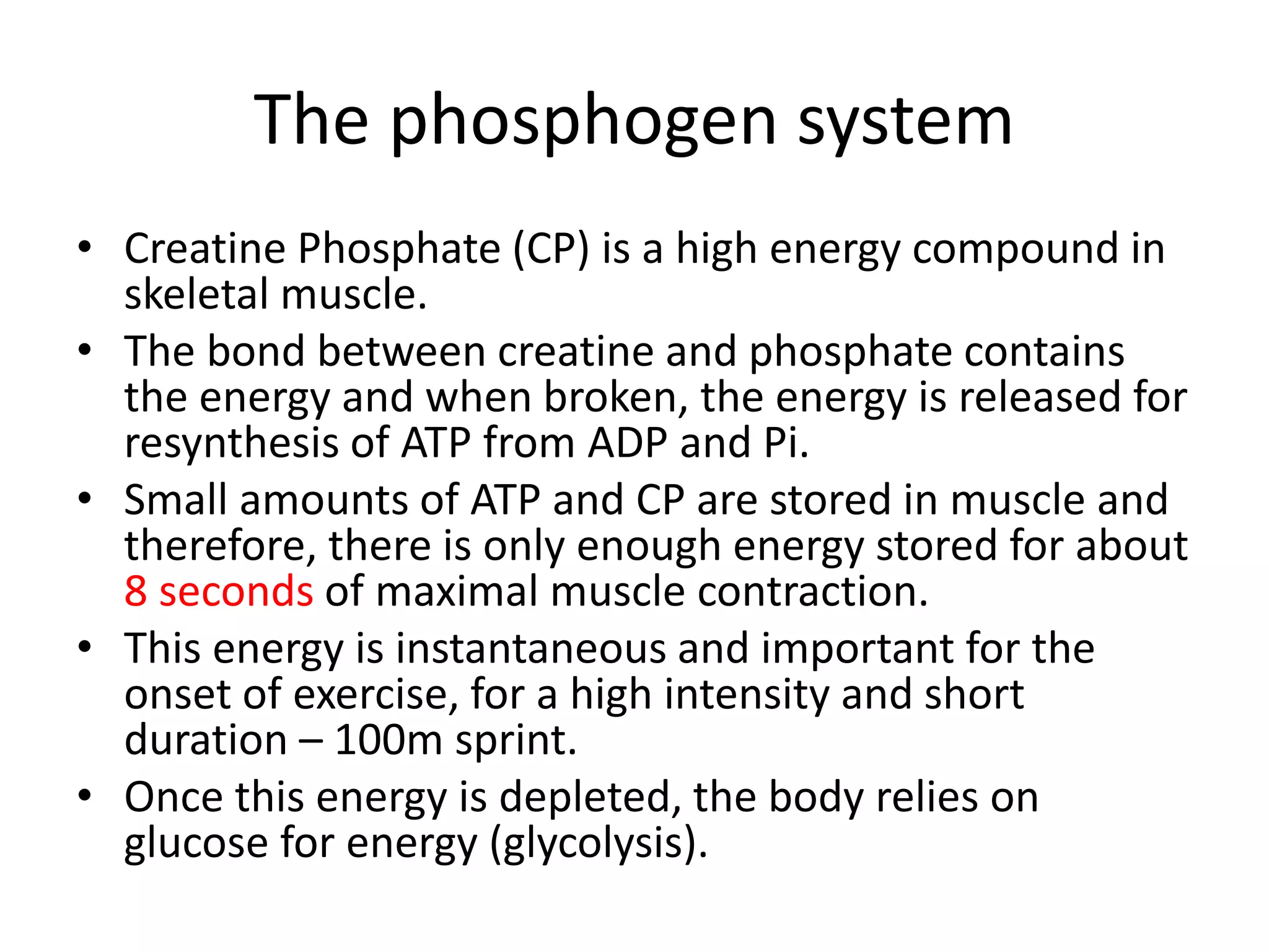 The phosphogen system
• Creatine Phosphate (CP) is a high energy compound in
skeletal muscle.
• The bond between creatine and phosphate contains
the energy and when broken, the energy is released for
resynthesis of ATP from ADP and Pi.
• Small amounts of ATP and CP are stored in muscle and
therefore, there is only enough energy stored for about
8 seconds of maximal muscle contraction.
• This energy is instantaneous and important for the
onset of exercise, for a high intensity and short
duration – 100m sprint.
• Once this energy is depleted, the body relies on
glucose for energy (glycolysis).
 