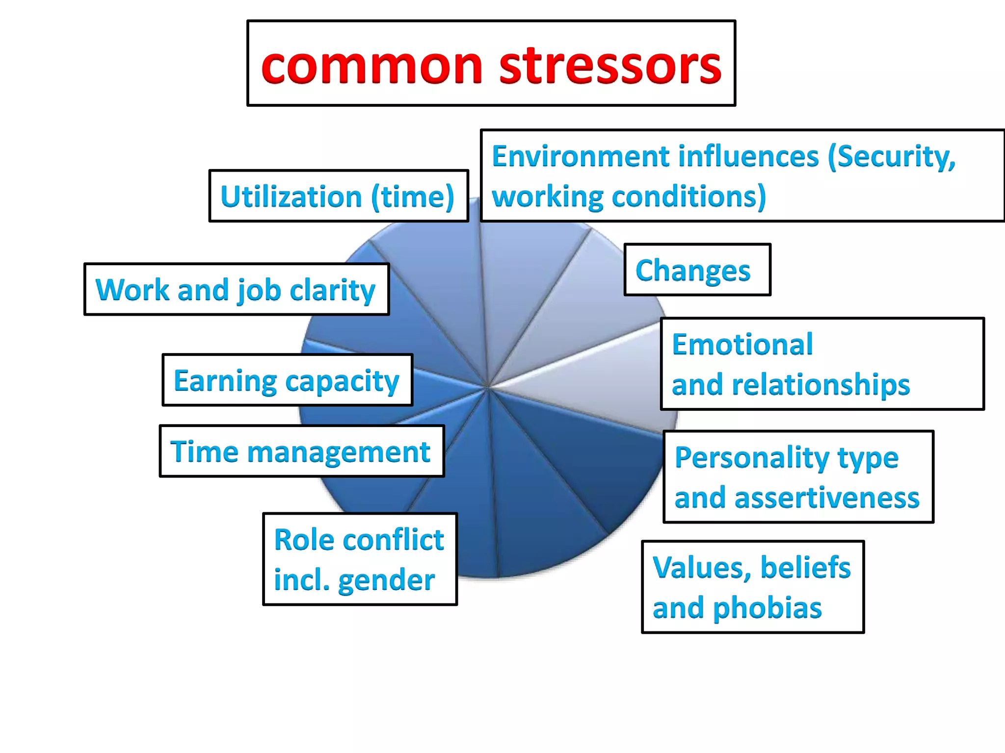 common stressors
Environment influences (Security,
working conditions)
Changes
Emotional
and relationships
Personality type
and assertiveness
Values, beliefs
and phobias
Role conflict
incl. gender
Time management
Earning capacity
Work and job clarity
Utilization (time)
 