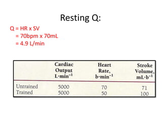 Resting Q:
Q = HR x SV
= 70bpm x 70mL
= 4.9 L/min
 