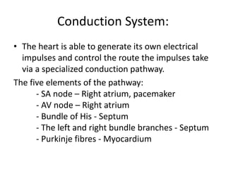 Conduction System:
• The heart is able to generate its own electrical
impulses and control the route the impulses take
via a specialized conduction pathway.
The five elements of the pathway:
- SA node – Right atrium, pacemaker
- AV node – Right atrium
- Bundle of His - Septum
- The left and right bundle branches - Septum
- Purkinje fibres - Myocardium
 