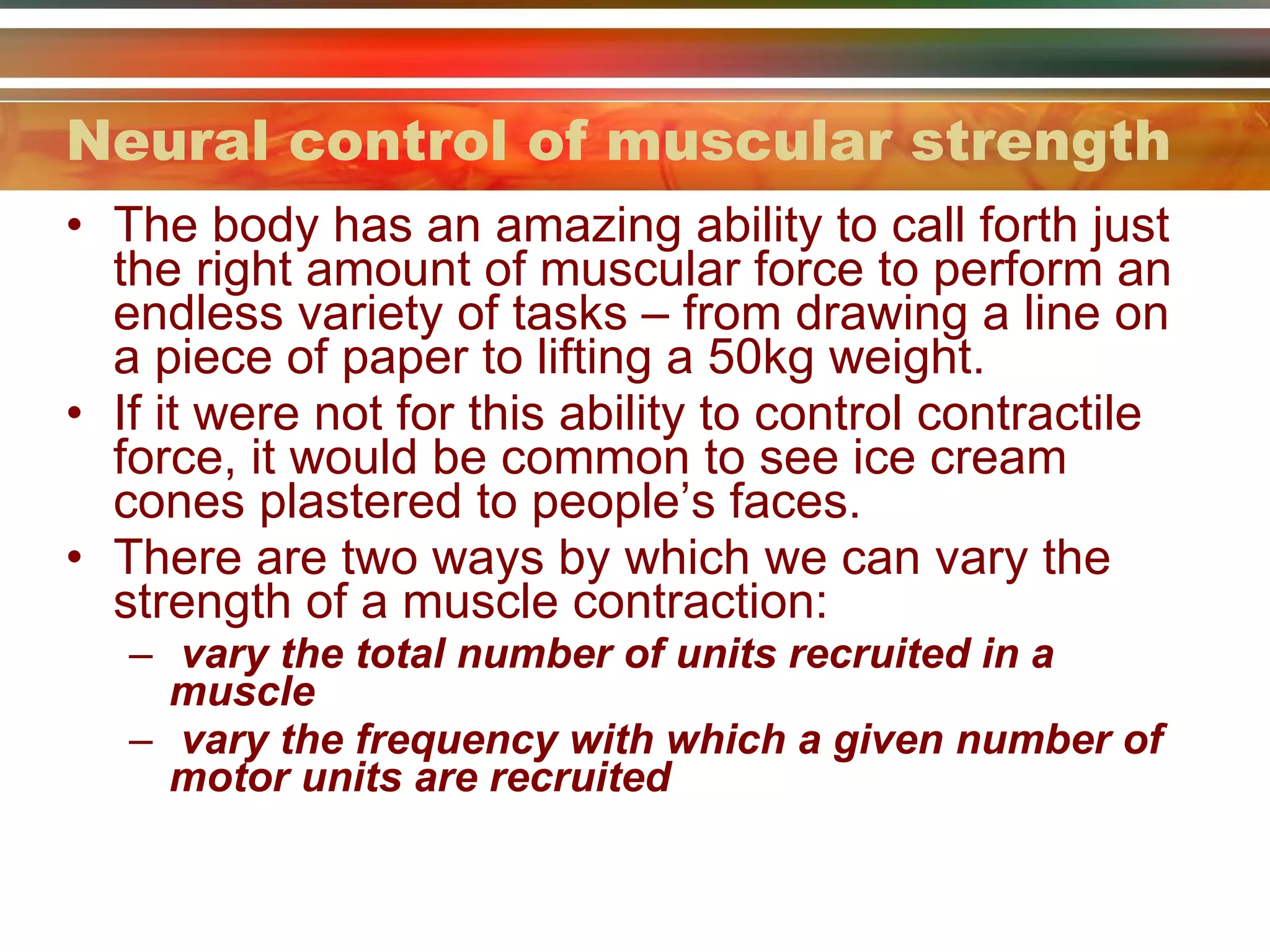 Neural control of muscular strength The body has an amazing ability to call forth just the right amount of muscular force to perform an endless variety of tasks – from drawing a line on a piece of paper to lifting a 50kg weight. If it were not for this ability to control contractile force, it would be common to see ice cream cones plastered to people’s faces. There are two ways by which we can vary the strength of a muscle contraction: vary the total number of units recruited in a muscle  vary the frequency with which a given number of motor units are recruited 