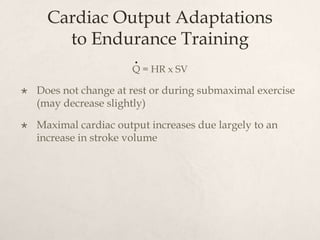 Cardiac Output Adaptations
to Endurance Training
Q = HR x SV
 Does not change at rest or during submaximal exercise
(may decrease slightly)
 Maximal cardiac output increases due largely to an
increase in stroke volume
.
 
