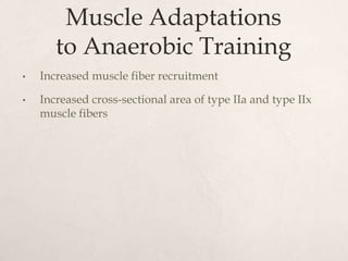 Muscle Adaptations
to Anaerobic Training
• Increased muscle fiber recruitment
• Increased cross-sectional area of type IIa and type IIx
muscle fibers
 