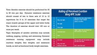 Time: Aerobic exercise should be performed for 30
to 60 min per day. Dynamic resistance exercise
should consist of two to three sets of 10 to 12
repetitions for 8 to 10 exercises that target the
major muscle groups of the upper and lower body.
The duration of exercise should total 150 min or
more per week.
Type: Examples of aerobic activities may include
walking, jogging, cycling, and swimming. Dynamic
resistance training equipment may include
machine weights, free weights, and resistance
bands, as well as functional body weight exercises.
 