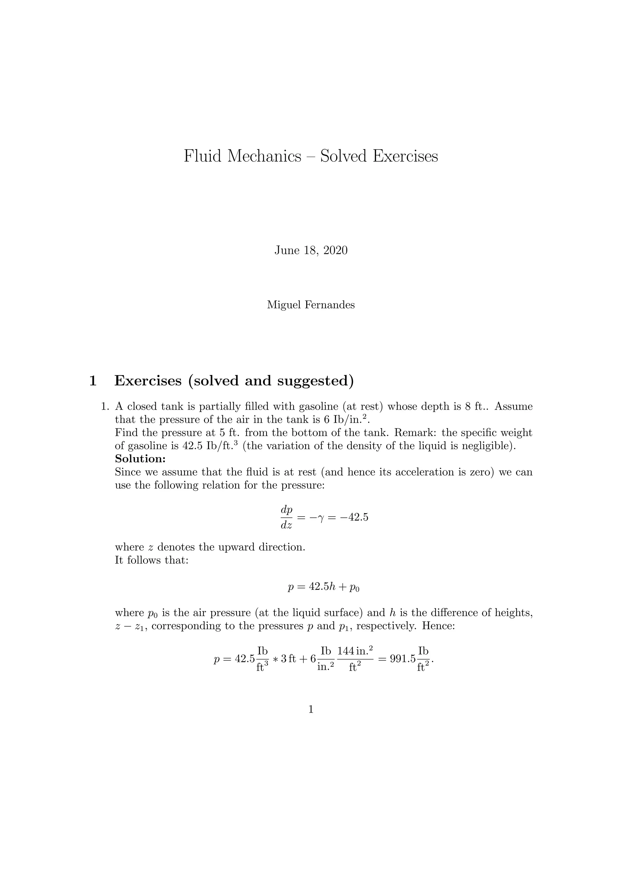 Fluid Mechanics Exercises PDF
