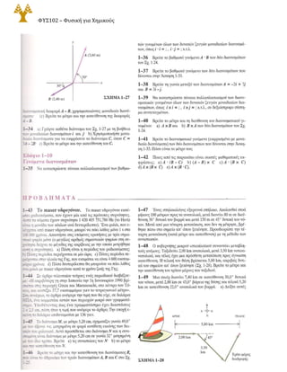 Υ
Β (2,40 m) ΣΧΗΜΑ l-27
διανυσματική διαφοράΑ - Β, χρησιμοποιώντας μοναδιαία διανύ­
σματα· (c) Βρείτε το μέτρο και την κατεύθυνση της διαφοράς
Α - Β.
1-34 a) Γράψτε καθένα διάνυσμα του Σχ. 1-27 με τη βοήθεια
των μοναδιαίων διανυσμάτων ί και Ι b) Χρησιμοποιήστε μονα­
διαία διανύσματα για να εκφράσετε το διάνυσμα C, όπου C =
3Α - 2Β· c) Βρείτε το μέτρο και την κατεύθυνση του C.
Εδάφιο 1-10
Γινόμενα διανυσμάτων
1-35 Να καταστρώσετε πίνακαπολλαπλασιασμού των βαθμω-
ΠΡΟΒΛ Ή Μ Α Τ Α
1-43 Το maser υδρογόνου. Το maser υδρογόνου εκπέ­
μπει ραδιοκύματα, που έχουν μία από τις πρότυπες συχνότητες.
Αυτά τα κύματα έχουν συχνότητα 1 420 405 751,786 Hz (το Hertz
είναι η μονάδα των κύκλων ανά δευτερόλεπτο). Ένα ρολόι, που ε­
λέγχεται από maser υδρογόνου, μπορείνα πάει λάθος μόνο 1 s στα
100 000 χρόνια. Απαντήστε στις επόμενες ερωτήσεις με τρία σημα­
ντικά ψηφία μόνο (ο μεγάλος αριθμός σημαντικών ψηφίων στη συ­
χνότητα δείχνει το μέγεθος της ακρίβειας με την οποία μετρήθηκε
αυτή η συχνότητα). a) Πόση είναι η περίοδος του ραδιοκύματος;
b) Πόσες περίοδοι περιέχονται σε μία ώρα; c) Πόσες περίοδοι πε­
ριέχονται στην ηλικίατης Γης, που εκτιμάταινα είναι 4600 εκατομ­
μύρια χρόνια; d) Πόσα δευτερόλεπτα θα μπορούσε να πάει λάθος
έναρολόι με maserυδρογόνου κατάτο χρόνο ζωήςτης Γης;
1-44 Σε άρθρο τελευταίου τεύχους ενός περιοδικού διαβάζου­
με: <<Η ακριβότερη γη στην Ιαπωνία την 1η Ιανουαρίου 1990 βρί­
σκεται στις περιοχές Ginza και Marunouchi, στο κέντροτου Τό­
κυο, και κοστίζει 37,7 εκατομμύρια γιεν το τετραγωνικό μέτρο>>.
Στη συνέχεια, το άρθρο ανέφερε την τιμή που θα είχε, σε δολάρια
ΗΠΑ, ένα κομματάκι αυτών των περιοχών μικρό σαν γραμματό­
σημο. Υποθέτοντας πως ένα γραμματόσημο έχει διαστάσεις
2 χ 2,5 cm, πόση ήταν η τιμή που ανέφερε το άρθρο; Την εποχή ε­
κείνητο δολάριο ισοδυναμούσε με 136γιεν.
1-45 Το διάνυσμαΜ, με μέτρο5,20 cm, σχηματίζειγωνία49,0°
με τον άξονα +χ, μετρημένη σε φορά αντίθετη εκείνης των δει­
κτών του ρολογιού. Αυτό προστίθεται στο διάνυσμα Νκαι η συνι­
σταμένη είναι διάνυσμα με μέτρο5,20 cm σε γωνία 32ο μετρημένη
με τον ίδιο τρόπο. Βρείτε a) τις συνιστώσες του Ν b) το μέτρο
καιτην κατεύθυνση τουΝ.
1-46 Βρείτε το μέτρο και την κατεύθυνση του διανύσματοςR,
που είναι το άθροισμα των τριών διανυσμάτωνΑ, Β και C στο Σχ.
1-25.
27
τών γινομένων όλων των δυνατών ζευγών μοναδιαίων διανυσμά­
των, όπως ί · ί = ; , ί ·j = ; κ.τ.λ.
1-36 Βρείτε το βαθμωτό γινόμενοΑ · Β των δύο διανυσμάτων
του Σχ. 1-24.
1-37 Βρείτε το βαθμωτό γινόμενο των δύο διανυσμάτων που
δίνονται στην Άσκηση 1-33.
1-38 Βρείτε τη γωνία μεταξύ των διανυσμάτωνΑ = -2ί + 7j
και Β = 3ί -j.
1-39 Να καταστρώσετε πίνακα πολλαπλασιασμού των διανυ­
σματικών γινομένων όλωντων δυνατών ζευγών μοναδιαίων δια­
νυσμάτων, όπως ί χ ί = ; , ί xj = ; κ.τ.λ., σε δεξιόστροφο σύστη­
μα συντεταγμένων.
1-40 Βρείτε το μέτρο και τη διεύθυνση του διανυσματικού γι­
νομένου a) Α χ Β και b) Β χΑ των δύο διανυσμάτων του Σχ.
1-24.
1-41 Βρείτε το διανυσματικό γινόμενο (εκφρασμένο με μονα­
διαία διανύσματα) των δύο διανυσμάτων που δίνονται στην Άσκη­
ση 1-33. Πόσο είναι το μέτρο του;
1-42 Ποιες από τις παρακάτω είναι σωστές μαθηματικές εκ­
φράσεις; a) A · (B - C) b) (A - B) x C c) A · (B x C)
d)Α χ (Β χ C) e) Α χ (Β · C).
1-47 Ένας σπηλαιολόγος εξερευνά σπήλαιο. Ακολουθεί στοά
μήκους 180 μέτρων προς τα ανατολικά, μετά διανύει 80 m σε διεύ­
θυνση 30ο δυτικάτου βορρά και μετά 150 m σε 45ο δυτικά του νό­
του. Μετά από μιατέταρτη μετατόπιση, που δεν τη μέτρησε, βρέ­
θηκε πίσω στο σημείο απ' όπου ξεκίνησε. Προσδιορίστε την τέ­
ταρτη μετατόπιση (κατά μέτρο και κατεύθυνση) με τη μέθοδο των
συνιστωσών.
1-48 Ο κυβερνήτης μικρού ιστιοπλο.ίκού συναντάει μεταβλη­
τούς ανέμους. Ταξιδεύει 2,00 km ανατολικά, μετά 3,50 km νοτιοα­
νατολικά, και τέλος έχει μια πρόσθετη μετατόπιση προς άγνωστη
κατεύθυνση. Η τελική του θέση βρίσκεται 5,80 km, ακριβώς δυτι­
κά του σημείου απ' όπου ξεκίνησε (Σχ. 1-28). Βρείτε το μέτρο και
την κατεύθυνση τουτρίτου μέρους του ταξιδιού.
1-49 Μια σκιέρ διανύει 7,40 km σε κατεύθυνση 30,0° δυτικά
του νότου, μετά 2,80 km σε 45,0° βόρεια της δύσης και τελικά 5,20
km σε κατεύθυνση 22,0° ανατολικάτου βορρά. a) Δείξτε αυτές
"ΓΕΛΟΣ
""ι(----- 5,80 km -----::>1)1
2,00 km
ΣΧΗΜΑ l-28
 