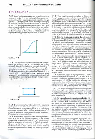 502 ΚΕΦΑΛΑΙΟ 17 ΠΡΩΤΟ ΘΕΡΜΟΔΥΝΑΜΙΚΟ ΑΞΙΩΜΑ
Π Ρ Ο Β Λ Η Μ Α Τ Α _____________________
17-23 Όταν ένα σύστημα μεταβαίνει από την κατάσταση α στην
κατάσταση b του Σχ. 17-18 κατά μήκος της διαδρομής αcb, εισρέ­
ουν στο σύστημα 90,0 J θερμότητας καιπαράγεταιαπότο σύστημα
έργο 70,0 J. a) Πόση θερμότητα εισρέει στο σύστημακατά μήκος
της διαδρομής αdb αν το έργο που παράγεται από το σύστημα εί­
ναι 10,0 J; b) Όταντο σύστημα επιστρέφει απότηνb στην α κατά
μήκος της καμπύλης διαδρομής, το μέτρο του έργου που παράγε­
ται είναι 45,0 J. Το σύστημααπορροφάή απελευθερώνει θερμότη­
τα; Πόση θερμότητα; c) Αν Ua = Ο και Ud = 6,0 J,υπολογίστετην
θερμότητα που απορροφήθηκε στις διαδικασίες αd καιdb.
Ρ
ΣΧΗΜΑ 17-18
17-24 Ένα θερμοδυναμικό σύστημα μεταβαίνει απότην κατά­
σταση α στην κατάσταση c του Σχ. 17-19 κατά μήκος είτε της δια­
δρομής αbc ή της αdc. Κατά μήκος της διαδρομής αbc το έργο W
που παράγεται από το σύστημα είναι 500 J. Κατά μήκος της δια­
δρομήςαdcτο Wείναι 200 J. Οι εσωτερικές ενέργειες καθεμιάς α­
πό τις τέσσερις καταστάσεις, που φαίνονται στο σχήμα, είναι Ua =
100 J, Ub = 500 J, U, = 800 J και Ud = 600 J. Υπολογίστε τη ροή
θερμότητας Q για καθεμία από τις τέσσερις διαδικασίες αb, bc, αd
και dc. Σε καθεμία από αυτές τις μεταβολές το σύστημα απορρο­
φά ή απελευθερώνει θερμότητα;
Ρ
b f------!---"f C
α ------!---.. d
�0+--------------------v
ΣΧΗΜΑ 17-19
17-25 Σε μία συγκεκριμένη μεταβολή, 2,65 χ 105 J θερμότητας
προσφέρονται σε ένα σύστημα και συγχρόνως το σύστημα εκτο­
νώνεται υπό σταθερή εξωτερική πίεση 6,90 χ 105 Pa. Η εσωτερική
ενέργεια του συστήματος είναι η ίδια στην αρχή και στο τέλος της
μεταβολής. Υπολογίστε την αύξηση του όγκου του συστήματος.
(το σύστημα δεν είναι ιδανικό αέριο).
17-26 Αέριο άζωτο σε δοχείο μεταβλητού όγκου θερμαίνεται α­
πό 0,0 oC σε 50,0 oC υπό σταθερή πίεση 4.00 χ 105 Pa. Η ολική
προσφερθείσα θερμότητα είναι 6.0 χ 104 J. a) Υπολογίστε τον α­
ριθμότωνγραμμομορί- ωντου αερίου. b) Υπολογίστε τη μεταβο­
λή της εσωτερικής ενέργειας του αερίου. c) Υπολογίστε το έργο
που παράγεται από το αέριο. d) Αν ο όγκος παρέμενε σταθερός
Πόση θερμότητα θα απαιτείτο για την ίδια μεταβολή της θερμο­
κρασίας;
17-27 Ένας χημικός μηχανικός, που μελετά τις ιδιότητεςτης
γλυκερίνης, χρησιμοποιεί ένα κύλινδρο διατομής 0,0200 m2 που
περιέχει 1,50 χ 10-2 m3 γλυκερίνης. ο κύλινδρος είναι εφοδιασμέ·
νος με στεγανό έμβολο, το οποίο υποβαστάζει φορτίο 3,00 χ 104 •
Η θερμοκρασία του συστήματος αυξάνεται από 20,0 oc σε 70,0
°C. Ο θερμικός συντελεστής της γλυκερίνης δίνεται στον Πίνακα
15-2. Αγνοείστε τη διαστολή του χαλύβδινου κυλίνδρου. Υπολογί·
στε a) την αύξηση του όγκου της γλυκερίνης b) το μηχανικό έρ·
γο της δύναμης 3,00 χ 104 Ν c) το ποσό της θερμότητας, που προ·
σφέρθηκε στη γλυκερίνη (η Cp της γλυκερίνης είναι 2,43 χ 103
J/Kkg) d) τη μεταβολή της εσωτερικής ενέργειας της γλυκερίνης.
17-28 Μηχανή συμπιεσμένου αέρα. Σχεδιάζετε μία μη·
χανή, η οποία λειτουργεί με συμπιεσμένο αέρα. Ο αέρας εισέρχε­
ται στη μηχανή υπό πίεση 2,00 χ 106 Pa και εξέρχεται υπό πίεση
3,00 χ 105 Pa. Ποιά πρέπει να είναι η θερμοκρασία του συμπιε­
σμένου αέρα για να μη υπάρχει δυνατότητα σχηματισμού πάγου
στην έξοδο των αερίων από τη μηχανή; Υποθέστε, ότι η εκτόνωση
είναι αδιαβατική. (Σημείωση: Συχνά σχηματίζεται πάγος στα ση­
μεία εξόδου του αέρα σε μηχανές, που λειτουργούν με συμπιεσμέ­
νο αέρα. Αυτό συμβαίνει, όταν ο αέρας περιέχει υγρασία και ψυ­
χθεί σε θερμοκρασία χαμηλότερη από ΟοC κατά την εκτόνωση).
17-29 Μία αντλία, που συμπιέζει αέρα ατμοσφαιρικής πίεσης
(1,01 χ 105 Pa) σε ένα πολύ μεγάλο δοχείο σε υπερπίεση 4,40 χ
105 Pa, έχει κύλινδρο μήκους 0,220 m (η Cvγιατον αέρα είναι 20,8
J/mol·K) a) Σε ποιά φάση κίνησης του εμβόλου θα εισαχθεί αέ­
ρας '6-το δοχείο; Υποθέστε, ότι η συμπίεση είναι αδιαβατική. (Σας
ζητείται να υπολογίσετε το μήκος της διαδρομής του εμβόλου στον
κύλινδρο.) b) Αν ο αέρας, που εισάγεται στην αντλία, έχει θερμο­
κρασία 27,0 °C, ποιά είναι η θερμοκρασία του συμπιεσμένου αέ­
ρα; c) Πόσο έργο καταναλίσκει η αντλία για να εισάγει 30,0 mol
αέρα στο δοχείο;
17-30 0,28 m3 αέρα, αρχικά σε θερμοκρασία 80,0 oc, διαστέλ­
λονται υπό σταθερή υπερπίεση 1,38 χ 10S Pa σε όγκο 1,42 m3 και
ακολούθως εκτονώνονται αδιαβατικά σε τελικό όγκο 2,27 m3 και
τελική υπερπίεση 2,29 χ 104 Pa. Σχεδιάστε ένα διάγραμμαp-Vγι'
αυτή την ακολουθία μεταβολών και υπολογίστε το ολικό έργο, που
παράγεται από τον αέρα. (Θεωρείστε, ότι η ατμοσφαιρική πίεση
είναι 1,01 χ 105 Pa. Η Cvγιατον αέρα είναι 20,8 J/mol.Κ)
17-31 Ένα ιδανικό αέριο εκτονώνεται στον διπλάσιο του αρχι­
κού του όγκο, παράγοντας 600 J έργου στην μεταβολή. Υπολογί­
στε την θερμότητα που προσφέρθηκε στο αέριο και την μεταβολή
της εσωτερικής ενέργειας του αερίου, ανη μεταβολή είναι a) ισό­
θερμη b) αδιαβατική.
17-32 Σύγκριση θεQμοδυναμικών μεταβολών. Σε έ­
να κύλινδ-ρο 3,00 mol ενός ιδανικού μονατομικού αερίου, αρχικά
σε 1,00 χ 105 Pa και 300 Κ, εκτονώνονται μέχρις ότου διπλασια­
σθεί ο όγκος του. Υπολογίστε το έργο, που παράγεται από το αέ­
ριο αν η εκτόνωση είναι a) ισόθερμη b) αδιαβατική c) ισοβα­
ρής. d) Σχεδιάστε κάθε μία μεταβολή σε ένα διάγραμμα pV. Σε
ποιά περίπτωση είναι μέγιστο το μέρος του έργου, που παράγεται
από το αέριο; Ελάχιστο; e) Σε ποιά περίπτωση είναι μέγιστο το
μέτρο της μεταφερομένης θερμότητας; Ελάχιστο; f) Σε ποιά περί­
πτωση είναι μέγιστη η μεταβολή της εσωτερικής ενέργειαςτου αε­
ρίου; Ελάχιστη;
17-33 Δύο γραμμομόρια ηλίου, αρχικά σε θερμοκρασία 27,0 oc
καταλαμβάνουν όγκο 0,0400 m3. Το ήλιο αρχικά διαστέλλεται υπό
σταθερή πίεση μέχρις ότου διπλασιασθεί ο όγκος. Ακολούθως ε­
κτονώνεται αδιαβατικά μέχρις ότου η θερμοκρασία επανέλθει
στην αρχική της τιμή. Υποθέστε, ότιτοήλιο μπορείνα αντιμετωπι­
στεί σαν ιδανικό αέριο. a) Σχεδιάστε ένα διάγραμμαp-Vγια τη
μεταβολή αυτή. b) Πόση είναι η ολική θερμότητα, που προσφέρ-
 