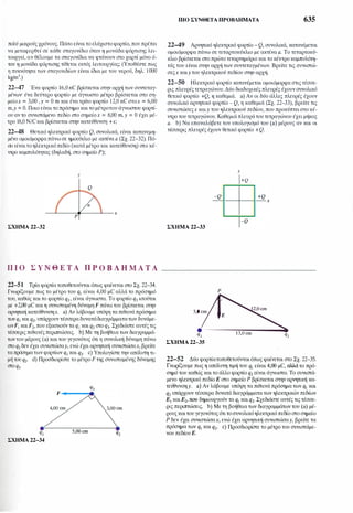 πολύ μικρούς χρόνους. Πόσο είναιτο ελάχιστοφορτίο, που πρέπει
να μεταφερθεί σε κάθε σταγονίδιο όταν η μονάδα φόρτισης λει­
τουργεί, αν θέλουμε τα σταγονίδια να φτάνουν στο χαρτί μόνο ό­
ταν η μονάδα φόρτισης τίθεται εκτός λειτουργίας; (Υποθέστε πως
η πυκνότητα των σταγονιδίων είναι ίδια με του νερού, δηλ. 1000
kg/m3.)
22-47 Ένα φορτίο 16,0 nC βρίσκεται στην αρχή των συντεταγ­
μένων· ένα δεύτερο φορτίο με άγνωστο μέτρο βρίσκεται στο ση­
μείοχ = 3,00 ,y = Ο m και ένα τρίτο φορτίο 12,0 nC στοχ = 6,00
m,y := Ο. Ποιο είναι το πρόσημο και το μέτροτου άγνωστου φορτί­
ου αν το συνιστάμενο πεδίο στο σημείοχ = 8,00 m, y = Ο έχει μέ­
τρο 18,0 N/Cκαι βρίσκεται στην κατεύθυνση +χ;
22-48 Θετικό ηλεκτρικό φορτίο Q, συνολικά, είναι κατανεμη­
μένο ομοιόμορφα πάνω σε ημικύκλιο με ακτίνα α (Σχ. 22-32). Πό­
σο είναιτοηλεκτρικό πεδίο (κατά μέτρο και κατεύθυνση) στο κέ­
ντρο καμπυλότητας (δηλαδή, στο σημείο Ρ);
Υ
Q
ΣΧΗΜΑ 22-32
Π Ι Ο Σ Υ θ Ε Τ Α Π Ρ Ο Β Λ Η Μ Α Τ Α
22-51 Τρία φορτίατοποθετούνται όπως φαίνεται στο Σχ. 22-34.
Γνωρίζουμε πως το μέτρο του qι είναι 4,00 μC αλλά το πρόσημό
του, καθώς και το φορτίο q2, είναι άγνωστα. Το φορτίο q3 ισούται
με +2,00 μC και η συνισταμένη δύναμη F πάνω του βρίσκεται στην
αρνητική κατεύθυνσηχ. a) Αν λάβουμε υπόψη τα πιθανά πρόσημα
τωνqι και q2, υπάρχουν τέσσεραδυνατάδιαγράμματατων δυνάμε­
ωνFι καιF2, που εξασκούν τα qι και q2 στο q3• Σχεδιάστε αυτέςτις
τέσσερις πιθανές περιπτώσεις. b) Με τη βοήθεια των διαγραμμά­
τωντου μέρους (a) και του γεγονότος ότι η συνολική δύναμη πάνω
στοq3 δεν έχει συνιστώσαy, ενώ έχει αρνητική συνιστώσαχ, βρείτε
ταπρόσηματων φορτίων qι και q2. c) Υπολογίστε την απόλυτη τι­
μή του q2• d) Προσδιορίστε το μέτρο Fτης συνισταμένης δύναμης
στοq3.
4,00cm 3,00cm
•'--------��--------·
qι 5,00cm
ΣΧΗΜΑ 22-34
ΠΙΟ ΣΥΝΘΕΤΑ ΠΡΟΒΛΗΜΑΤΑ 635
2�9 Αρνητικό ηλεκτρικό φορτίο - Q, συνολικά, κατανέμεται
ομοιόμορφα πάνω σε τεταρτοκύκλιο με ακτίνα α. Το τεταρτοκύ­
κλιο βρίσκεται στο πρώτο τεταρτημόριο και το κέντρο καμπυλότη­
τάς του είναι στην αρχή των συντεταγμένων. Βρείτε τις συνιστώ­
σεςχ καιy του ηλεκτρικού πεδίου στην αρχή.
22-50 Ηλεκτρικό φορτίο κατανέμεται ομοιόμορφα στιςτέσσε­
ρις πλευρέςτετραγώνου. Δύο διαδοχικές πλευρές έχουν συνολικό
θετικό φορτίο +Q, η καθεμιά. a) Αν οι δύο άλλες πλευρές έχουν
συνολικό αρνητικό φορτίο - Q, η καθεμιά (Σχ. 22-33), βρείτε τις
συνιστώσεςχ καιy του ηλεκτρικού πεδίου, που προκύπτειστο κέ­
ντρο του τετραγώνου. Καθεμιά πλευράτου τετραγώνου έχει μήκος
α. b) Να επαναλάβετε τον υπολογισμό του (a) μέρους αν και οι
τέσσερις πλευρές έχουν θετικό φορτίο +Q.
ΣΧΗΜΑ 22-33
Υ
I+Q
-Q +Q��·---�----·1-�χ
ι-Q
Ρ
ο�5, cm Ε
•
qι 13,0cm q2
ΣΧΗΜΑ 22-35
22-52 Δύο φορτίατοποθετούνταιόπως φαίνεται στο Σχ. 22-35.
Γνωρίζουμε πως η απόλυτη τιμή του qι είναι 4,00 μC, αλλά το πρό­
σημό του καθώς και το άλλο φορτίο q2 είναι άγνωστα. Το συνιστά­
μενο ηλεκτρικό πεδίο Ε στο σημείο Ρ βρίσκεται στην αρνητική κα­
τεύθυνσηy. a) Αν λάβουμε υπόψη τα πιθανά πρόσημα των qι και
q2 υπάρχουν τέσσερα δυνατά διαγράμματα των ηλεκτρικών πεδίων
Ει καιΕ2, που δημιουργούν τα qι καιq2• Σχεδιάστε αυτές τις τέσσε­
ρις περιπτώσεις. b) Με τη βοήθεια των διαγραμμάτων του (a) μέ­
ρους καιτου γεγονότος ότιτοσυνολικόηλεκτρικό πεδίο στο σημείο
Ρ δεν έχει συνιστώσαχ, ενώ έχει αρνητική συνιστώσαy, βρείτε τα
πρόσημα των qι και q2• c) Προσδιορίστε το μέτρο του συνιστάμε­
νου πεδίουΕ.
 
