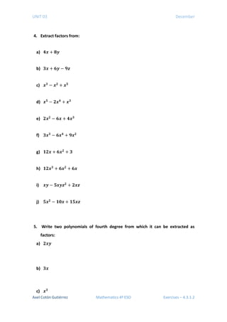 4 ESO Academics - Unit 03 - Exercises 4.3.1 - Polynomials | PDF