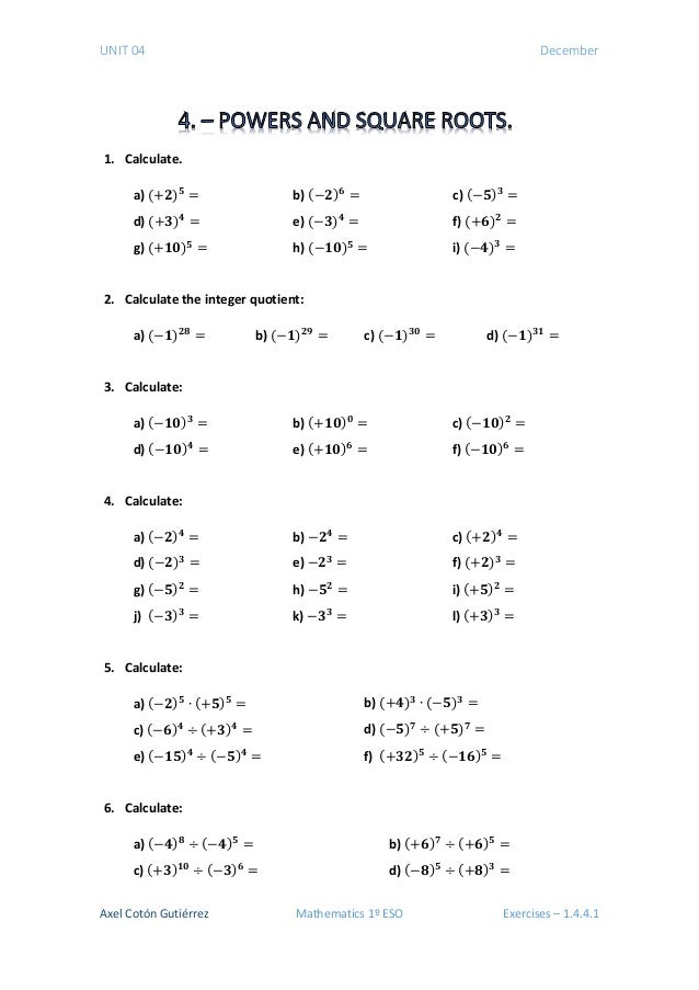 1 ESO - Unit 04 - Exercises 1.4.4. - Powers and Square Roots.